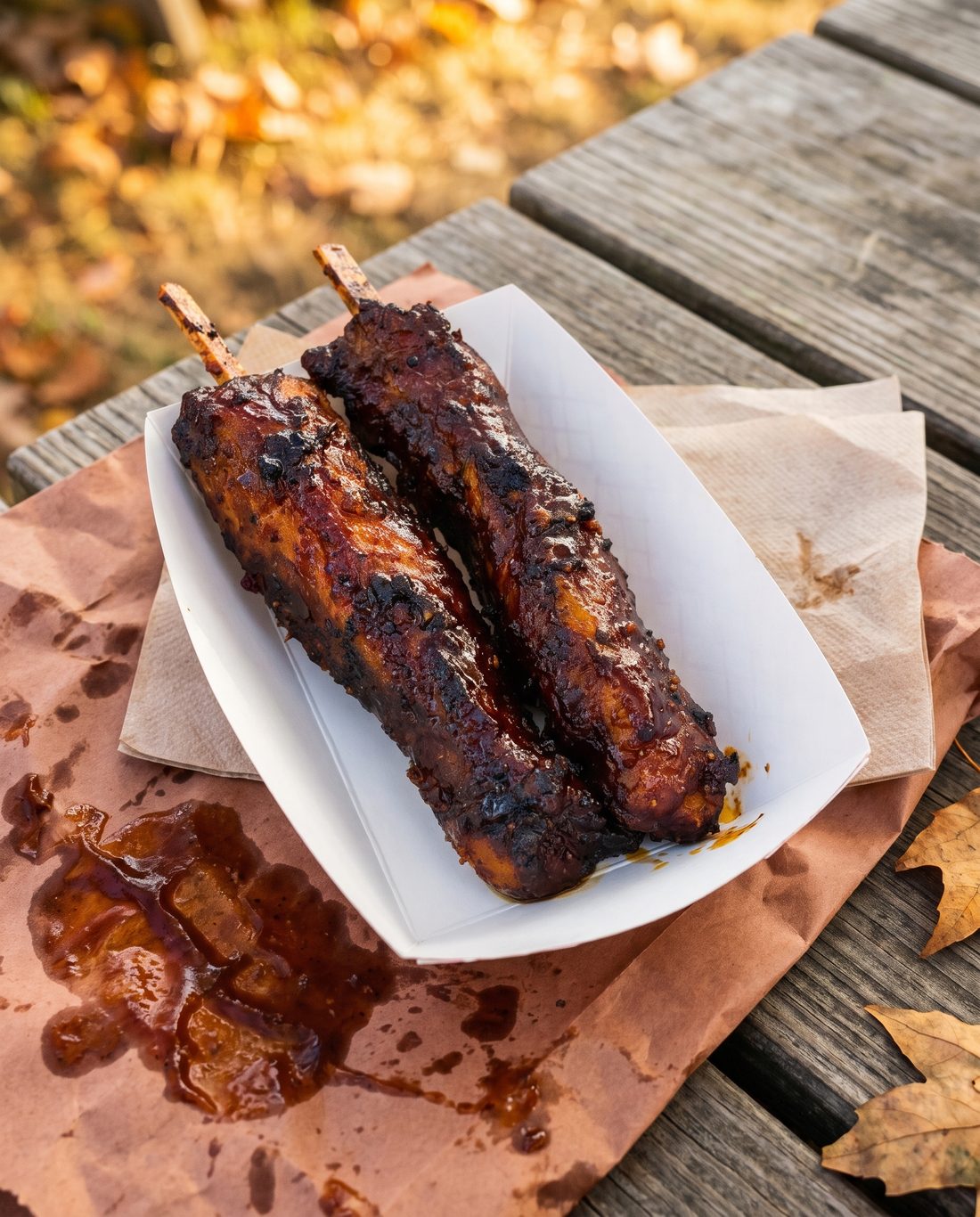Dragon Tails: whole strips of glazed smoked pork belly on flat wooden sticks in a paper boat