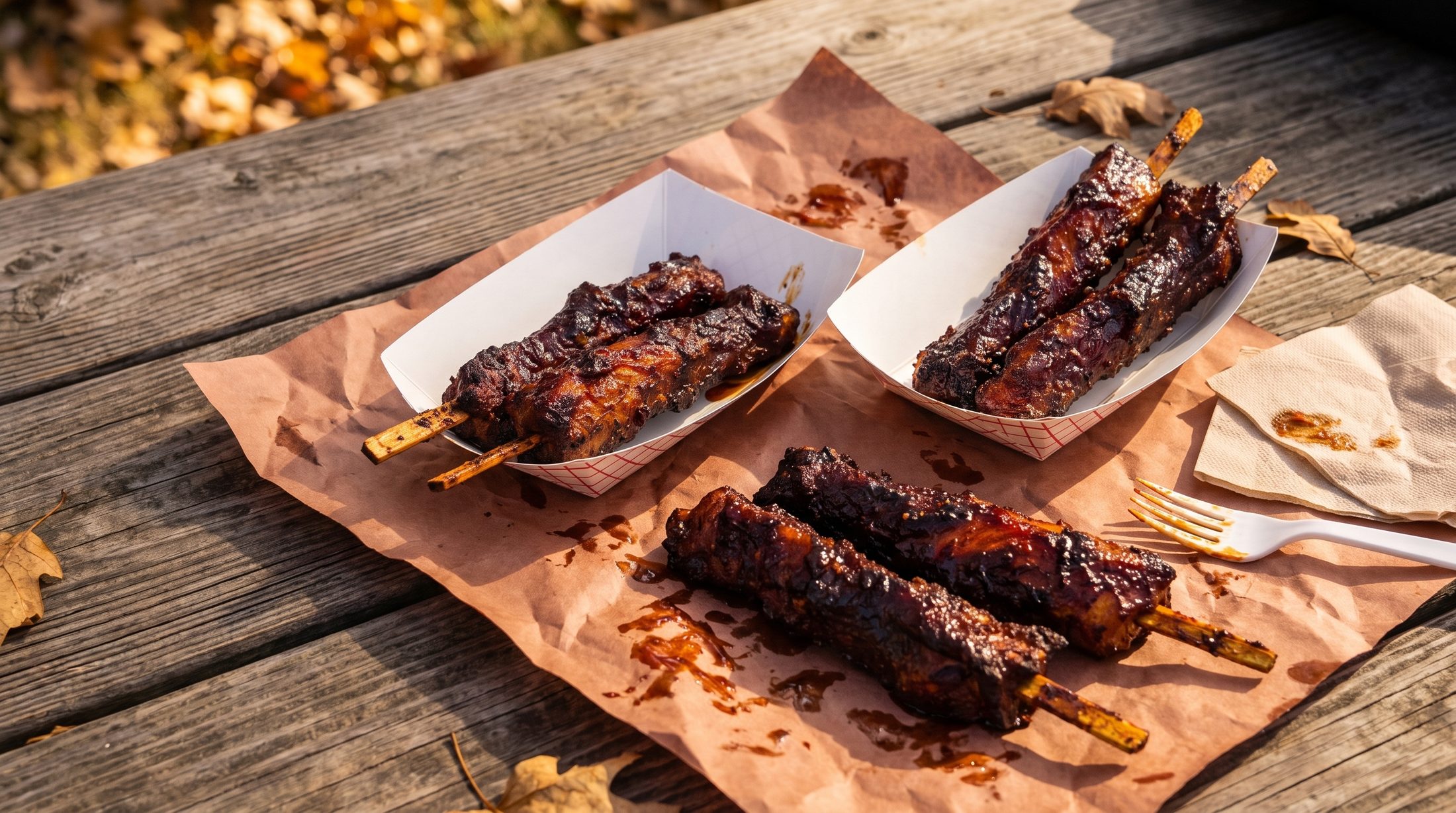 Dragon Tails: whole strips of glazed smoked pork belly on flat wooden sticks in a paper boat