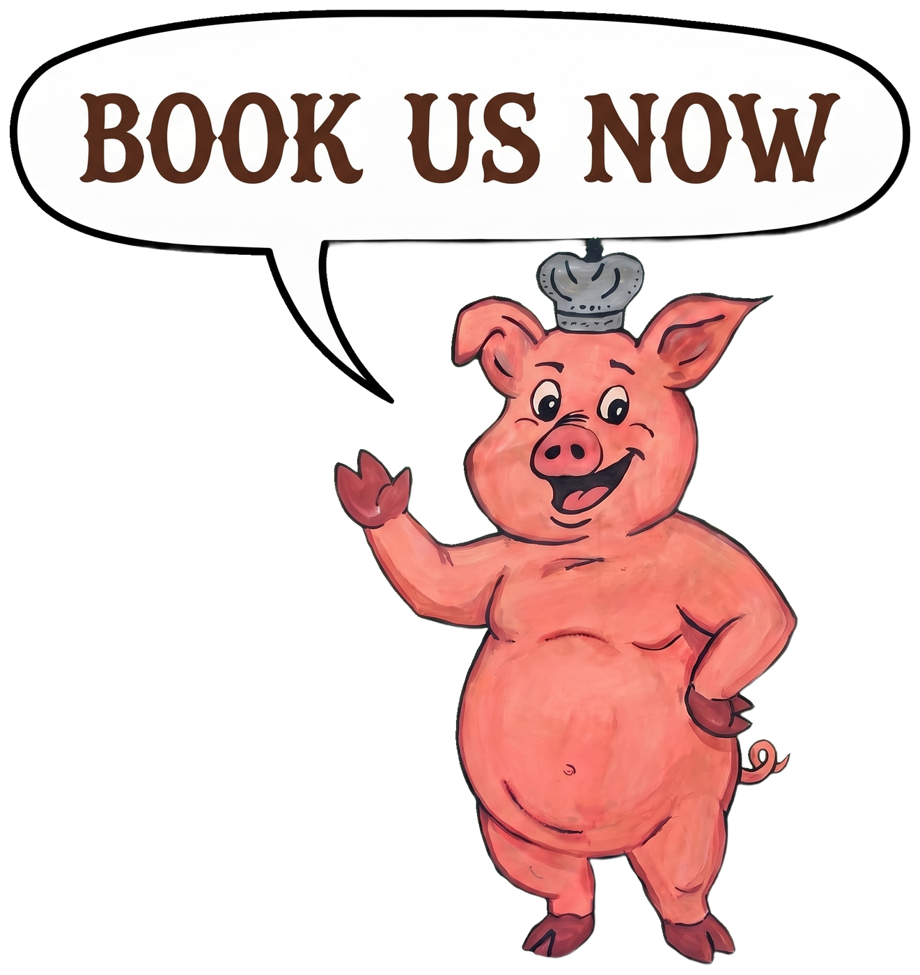 Illustrated Oak & Ash pig mascot waving next to a speech bubble that says Book Us Now