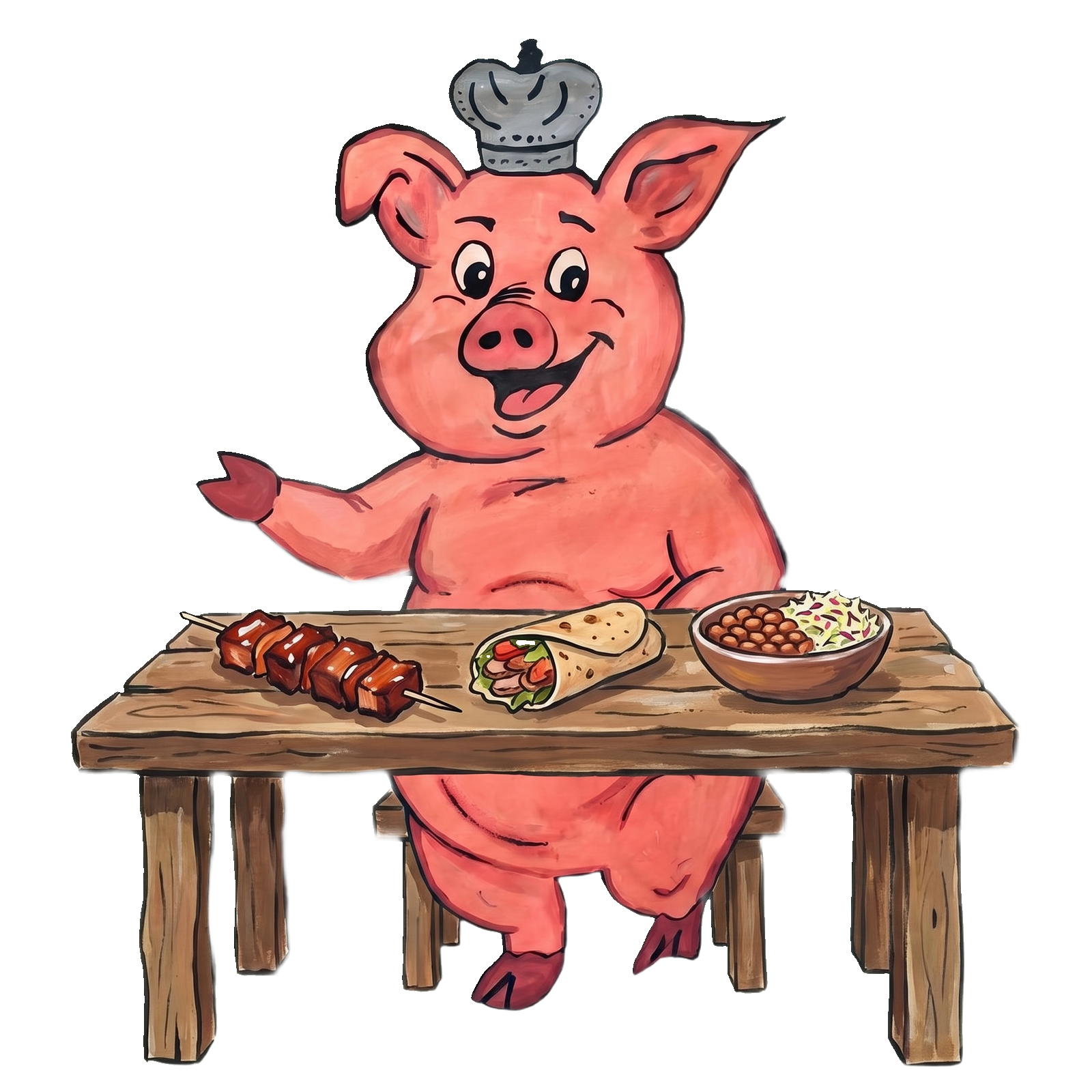 Illustrated Oak & Ash pig mascot sitting at a table with Dragon Tails, a wrap, beans, and coleslaw