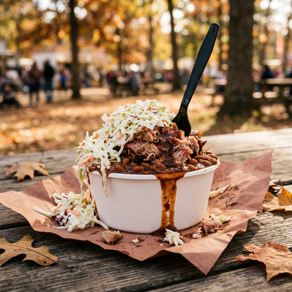 Peasant's Bowl: a paper bowl of beans, pulled pork and coleslaw