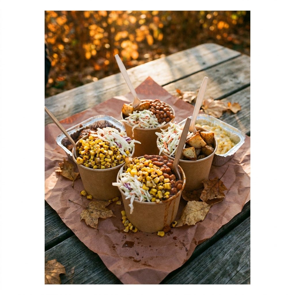 Sides: street corn, coleslaw, beans and potatoes in paper cups