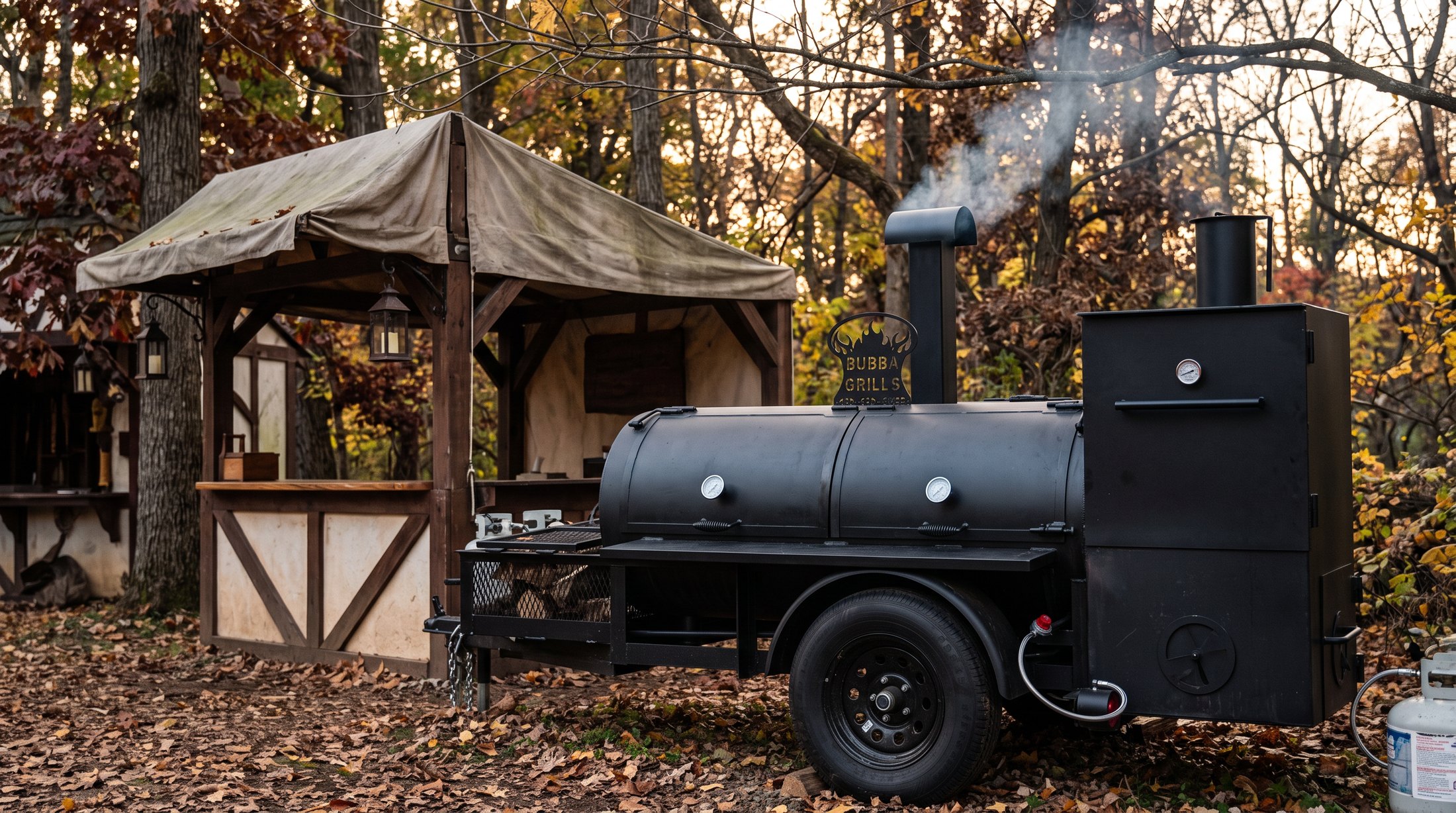 The Oak & Ash smoker parked beside a renaissance faire food booth in autumn woodland