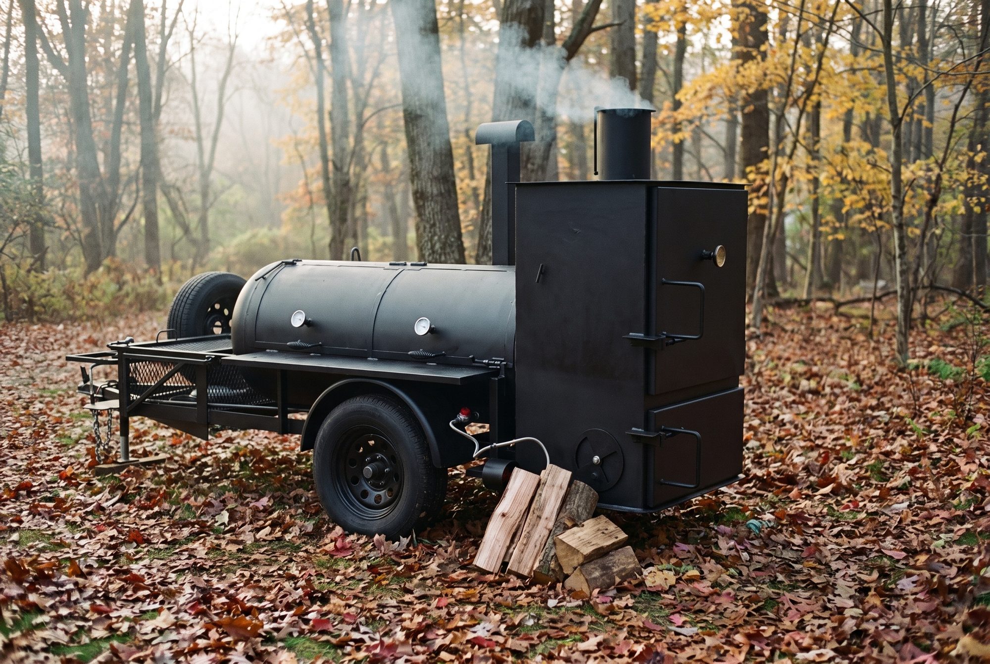 The Oak & Ash smoker in an October woodland clearing